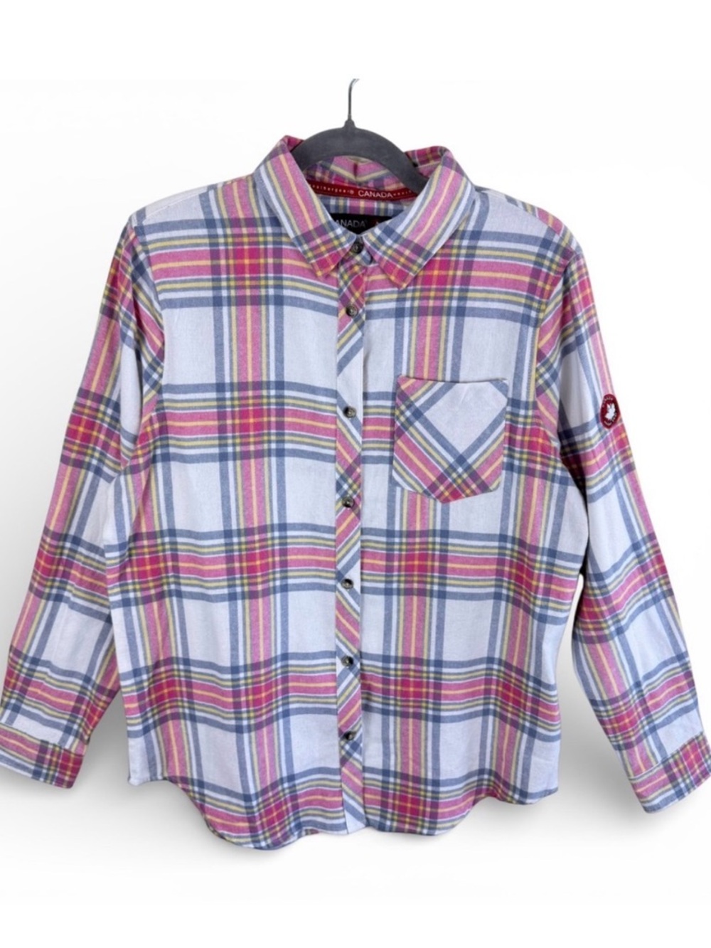 Canada Weather Gear Womens Large Pink Yellow Plaid Flannel Shirt CWGL0601 Cotton